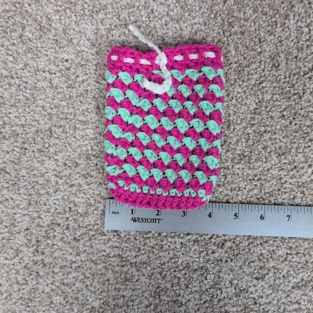 Handmade Crochet Soap Bag Hot Pink Mint Green Drawstring Pouch Exfoliating
